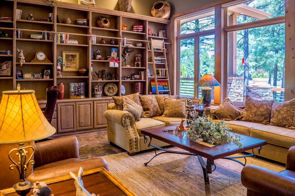 Cosy living room with large bookshelves, comfy sofas, a ladder, and a window view of trees