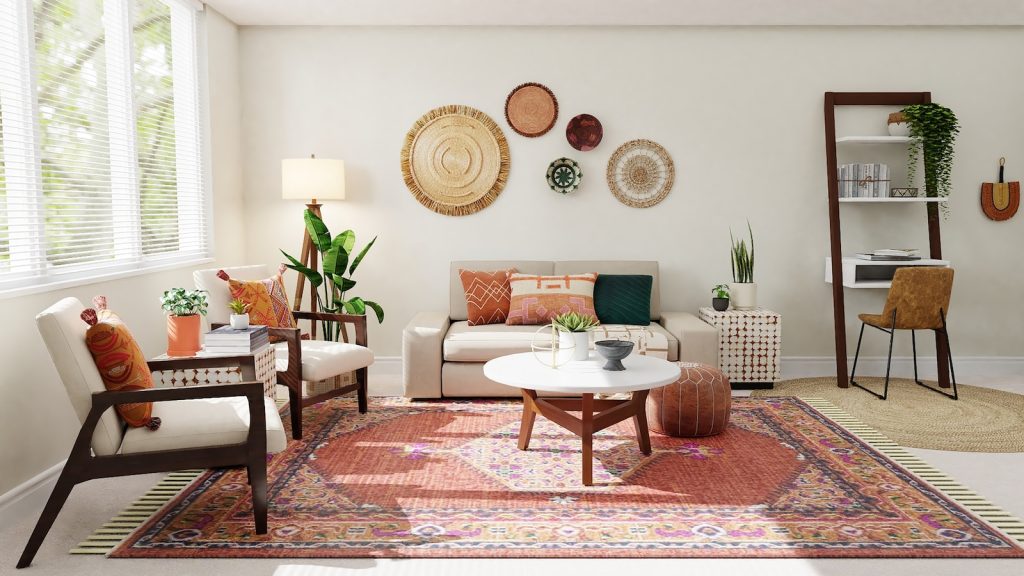 Cosy living room with modern decor, patterned rug, wall art, and lush plants, creating a warm, inviting atmosphere