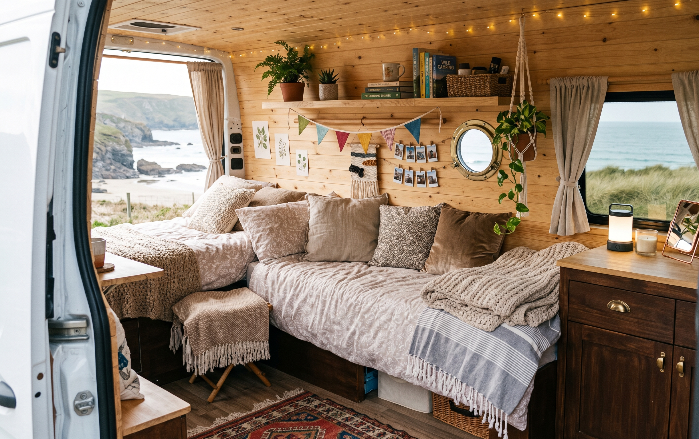 Cosy campervan interior with boho decor, overlooking a scenic beach view through open doors, perfect for van life adventures